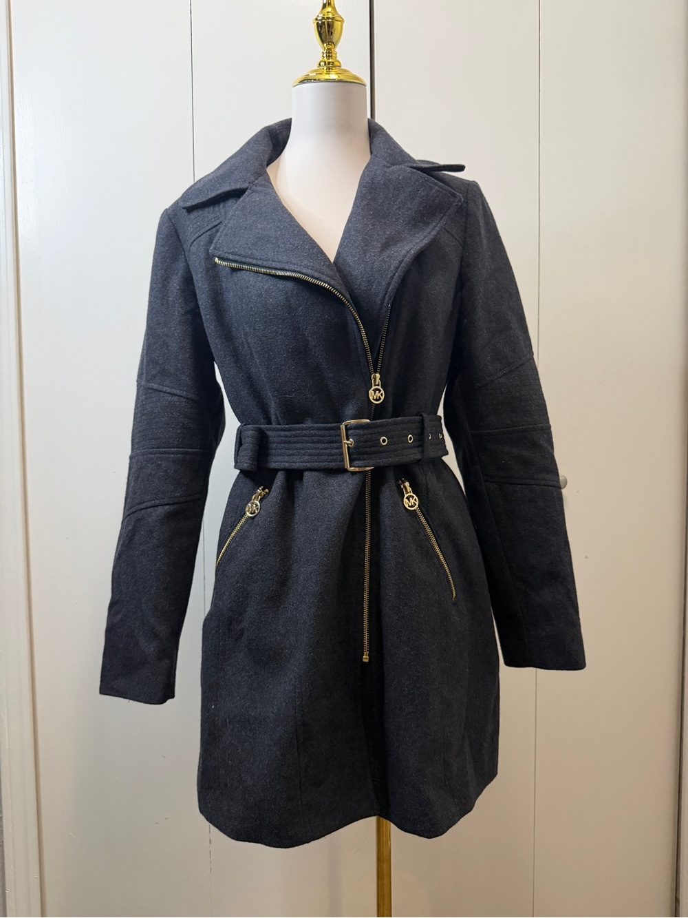 Michael Kors Charcoal Gray Belted Trench Coat with Gold Hardware - Picture 2 of 15
